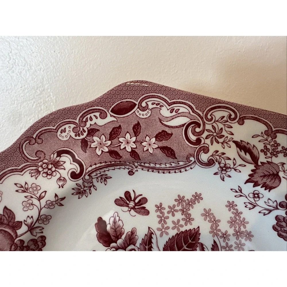 The Spode Archive Collection Blue Rose Print Pink/red And White Luncheon Plate.